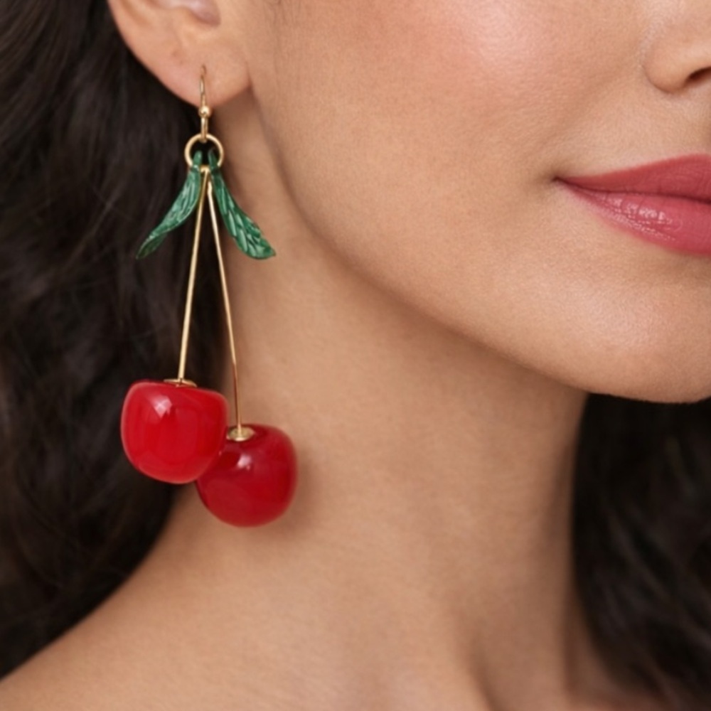 New Cherry Dangle Earrings Red Fruit Statement Jewelry Retro Style - Picture 5 of 6